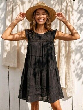 Current Elliott Black Shift Dress Linen Embroidered Eyelet Boho Whimsigoth Sz S